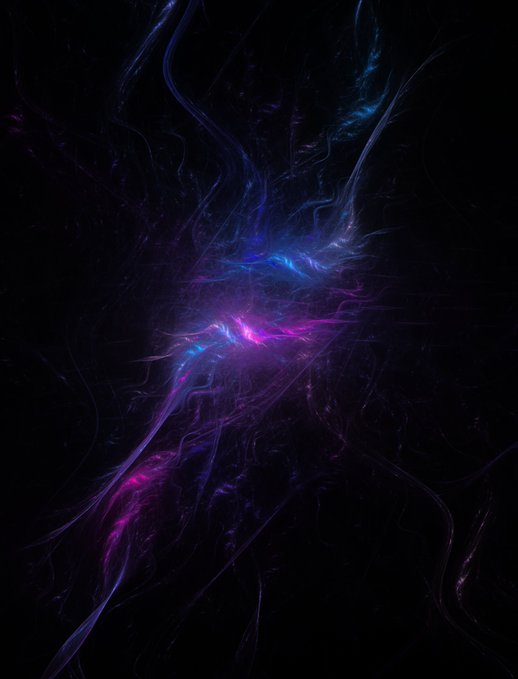 An abstract dark image shows glowing blue, purple, and magenta wisps resembling smoke or energy against a black background.