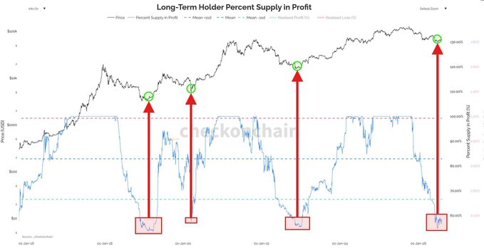 The image is a chart titled "Long-Term Holder Percent Supply in Profit" showing Bitcoin's price over time alongside the percentage of long-term supply in profit, with red arrows highlighting how repeatedly when the Percent Supply in Profit (blue line) drops to low levels (around 5-20pp), it has historically coincided with major Bitcoin price bottoms (green circles) in 2018, 2019, 2022, and 2025. The accompanying Turkish caption explains that this same signal has appeared at every major bottom since 2016, indicating that Bitcoin is currently once again near a major bottom based on this metric.