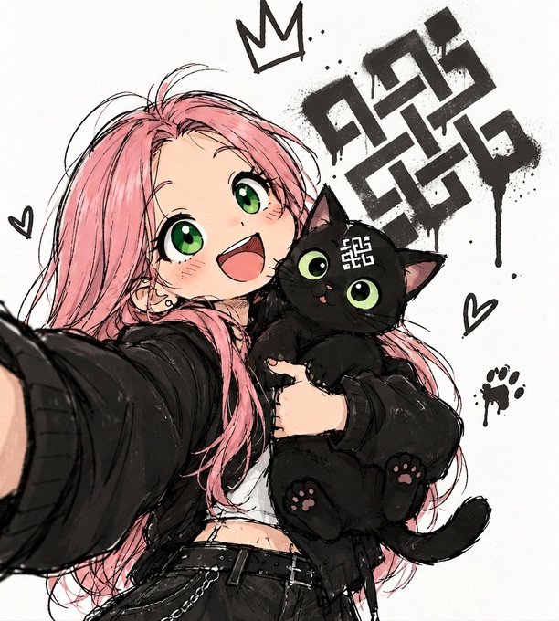 An anime-style illustration of a pink-haired girl with green eyes happily holding a black cat with a QR-code-like pattern on its forehead, surrounded by graffiti-style text 'RESCUE CLUB' with hearts and a crown drawing.