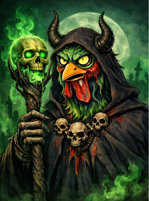 A sinister rooster-headed figure wearing a horned hood and skull-adorned cloak clutches a staff topped with a glowing green skull in a dark graveyard setting.