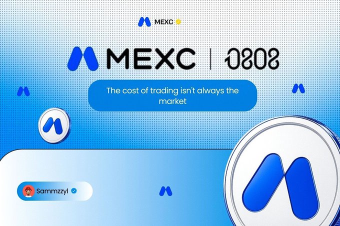 A digital promotional graphic for MEXC's "0808" Stock Season features a blue and white color scheme with the tagline "The cost of trading isn't always the market" alongside a user handle "Sammzzyl" with a verification checkmark, visually reinforcing the post's message about how hidden fees silently impact trading profits beyond just market movements.