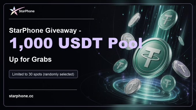 A promotional graphic for 'StarPhone Giveaway - 1,000 USDT Pool Up for Grabs', limited to 30 spots randomly selected, featuring falling USDT (Tether) coins and the website starphone.cc.