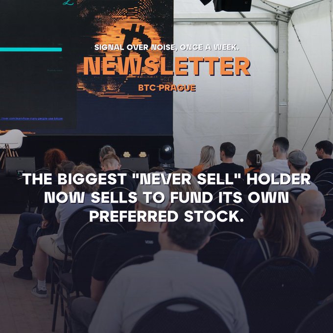 An audience attending a BTC Prague event, with a screen displaying 'NEWSLETTER' and overlaid text reading 'THE BIGGEST "NEVER SELL" HOLDER NOW SELLS TO FUND ITS OWN PREFERRED STOCK.'