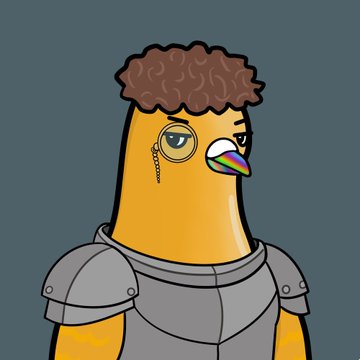A cartoon illustration of a yellow bird-like character with brown curly hair, a monocle, a rainbow beak, and gray armor.