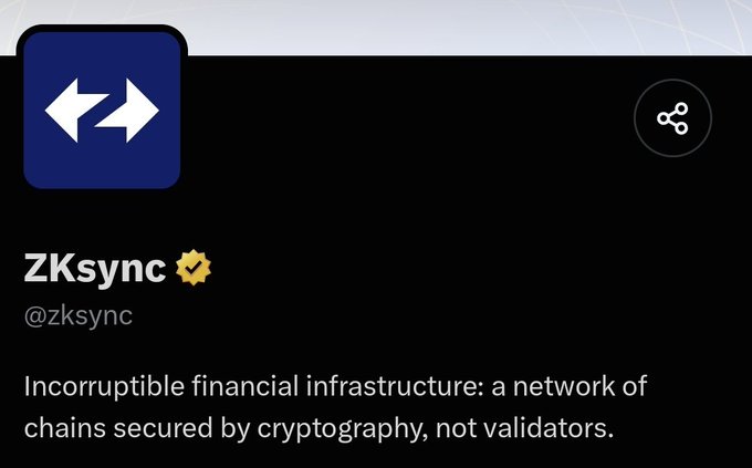 A social media post by @zksync with a verified badge, displaying the text 'Incorruptible financial infrastructure: a network of chains secured by cryptography, not validators.'