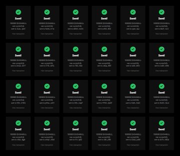 The image shows a grid of 24 identical dark promotional cards, each featuring a green "Saved" checkmark at the top, followed by placeholder text such as "100000 $SIGMABULL," "sigmabull.com," and varying numbers like "$10M" and "$700," with a "View transaction" link at the bottom. These cards appear to represent sample airdrop reward notifications or transaction confirmations, visually reinforcing the "$SIGMABULL" airdrop claim and steps to participate via sigmabull.xyz.