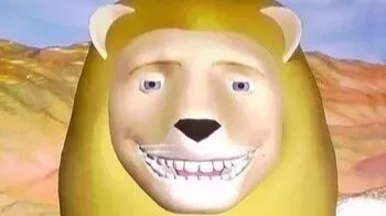 A crudely rendered 3D lion with an exaggerated wide grin stares directly at the viewer against a hazy desert background, paired with a post promoting a Solana meme token and defending the choice of cashback over creator fees.