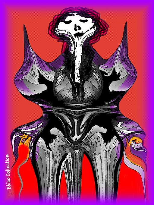 A stylized digital artwork features a symmetrical abstract figure with a white face and an elongated neck against a vibrant pink and red gradient background, with "Ebizo Collection" text visible in the lower left corner. The piece showcases Ebizo's signature 1/1 hand-drawn abstract aesthetic, presented as a unique NFT on the Polygon blockchain.