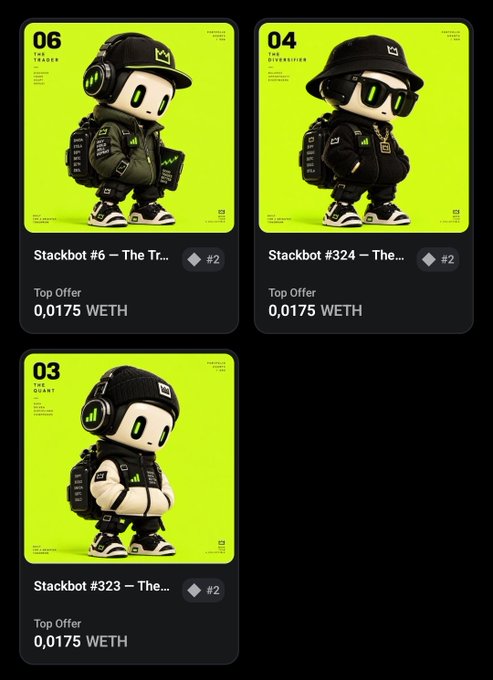 Three NFT cards from the Stackbots RH collection on a dark-themed marketplace, each priced at 0.0175 WETH and labeled with numbers #06 ("The Trader"), #04 ("The Diversifier"), and #03 ("The Quant"), confirming the poster's reveal of all three character types.