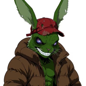 A cartoon illustration of a green anthropomorphic rabbit character with purple eyes wearing a red backwards cap and a brown puffer jacket, grinning menacingly.