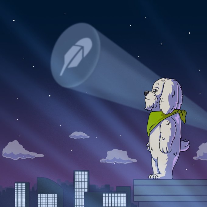 A white dog (Brodie) wearing a green bandana stands on a rooftop over a city skyline, gazing up at a rocket-shaped signal projected in the night sky like a beacon—visually capturing the post's call to "send a dog to the stratosphere" as a symbol of $Pons believers' ambitious push for global dominance on Robinhood chain.