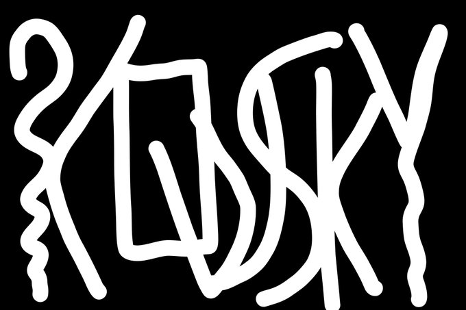 White stylized graffiti-style text on a black background that appears to spell out 'PUSSY' in an abstract design.