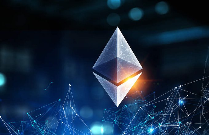 The image features a large, triangular cryptocurrency token called "Ethereum" floating above a blue background filled with lines and dots. The text at the bottom of the image reads "Ethereum' s biggest challenge isn't competition. It's expectations. People expect it to be the most secure. The most decentralized. The most scalable. And the foundation of an entire digital economy." This suggests that the token is a significant player in the cryptocurrency market and has the potential for substantial growth and impact on the industry.