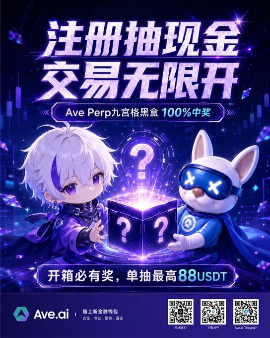 A promotional poster for Ave.ai featuring a chibi anime character and a bunny mascot in blue tech-themed attire, both interacting with a glowing black box marked with question marks. Key Chinese text reads "注册抽现金 交易无限开" (Register to draw cash, unlimited trading) and highlights a Perp nine-grid black box event with 100% prize rate and a maximum reward of 88 USDT per draw, complementing the post's mention of the new black box giveaway for Ave Perp users.