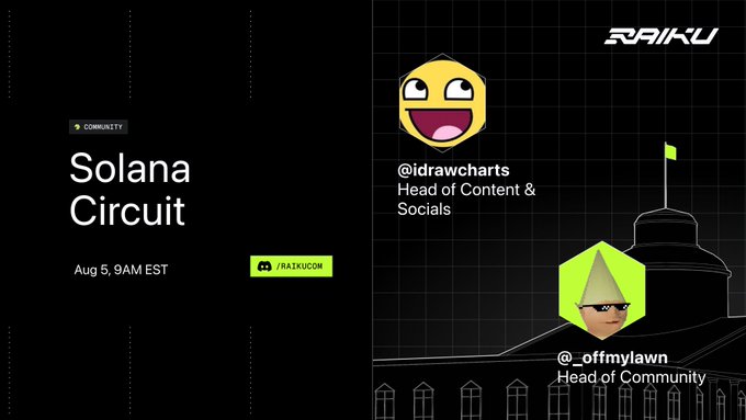 A promotional graphic for the "Solana Circuit" event on August 5 at 9AM EST, featuring community tags "@idrawcharts" (Head of Content & Socials) and "@_offmylawn" (Head of Community) on the Raiku platform, setting the stage for a Twitter Space on trading and crypto inclusion.