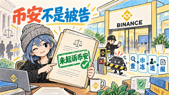 A colorful illustration featuring an anime-style character holding a document with Chinese text reading '币安不是被告' (Binance is not the defendant) and '未起诉币安' (Binance not prosecuted), with a Binance storefront and security guard in the background.