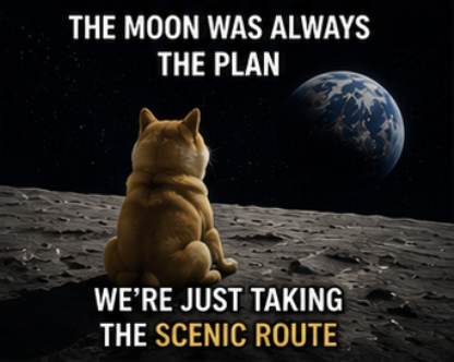 The image shows an orange tabby cat sitting on a lunar surface, gazing at Earth in the distance, with text reading "THE MOON WAS ALWAYS THE PLAN" at the top and "WE'RE JUST TAKING THE SCENIC ROUTE" at the bottom (with "SCENIC ROUTE" highlighted in yellow). The whimsical meme cleverly uses the cat's lunar journey as a metaphor for the post's message about reaching the moon as a destined goal.