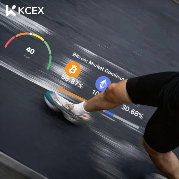 A KCEX promotional image showing a runner's leg on a track, overlaid with a 'Fear & Greed Index' at 40, and 'Bitcoin Market Dominance' stats: Bitcoin 58.87%, Ethereum 10.45% (partially visible), and another token at 30.68%.