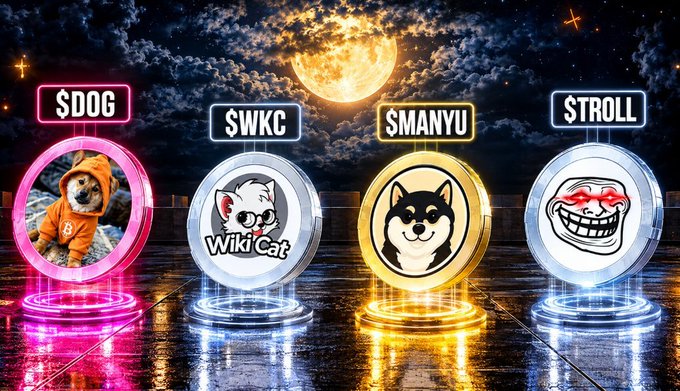 A vibrant night scene features four glowing coin displays set against a dramatic full moon and starry sky, each representing a meme cryptocurrency: $DOG (a Shiba Inu in a hoodie), $WKC "Wiki Cat," $MANYU (a Shiba Inu), and $TROLL (a trollface), directly illustrating the post's question about which community token will surge next.