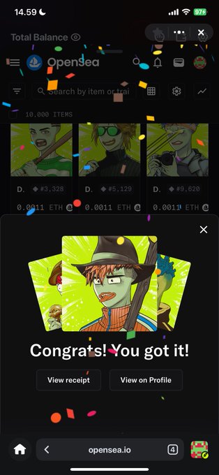 A mobile screenshot of OpenSea showing a successful NFT purchase ("Congrats! You got it!") with confetti overlay on a green zombie punk character, with other punks listed at 0.0011 ETH prices, related to the post about collecting "broker punks" art on Robinhood.