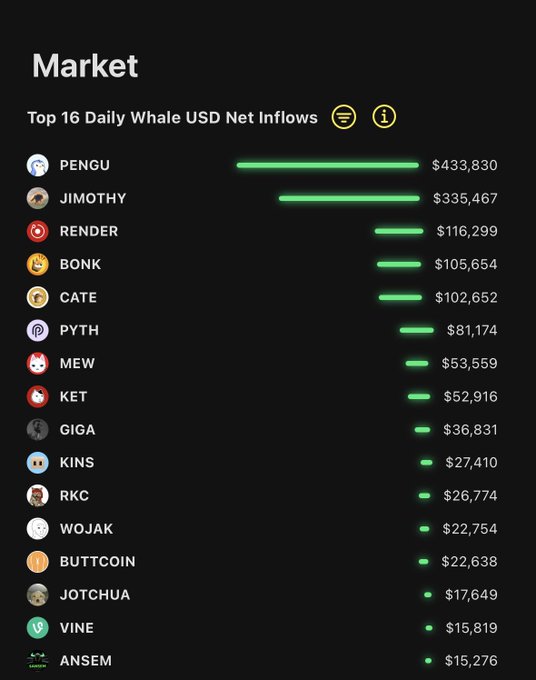 Dark-themed 'Market' dashboard displaying 'Top 16 Daily Whale USD Net Inflows', led by PENGU at $433,830, followed by JIMOTHY at $335,467, and RENDER at $116,299.