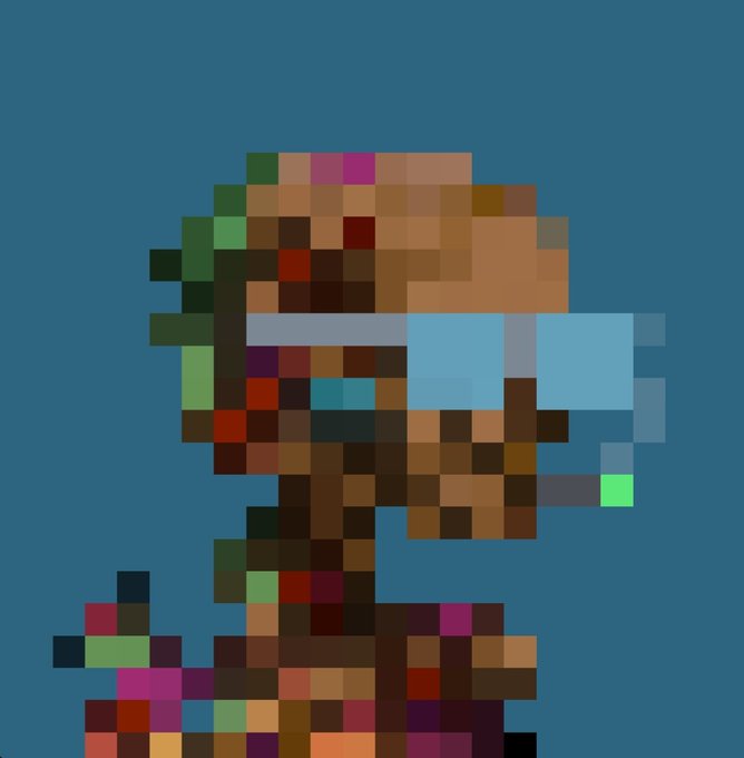 A heavily pixelated image depicting a brown character wearing a light blue visor or headset.