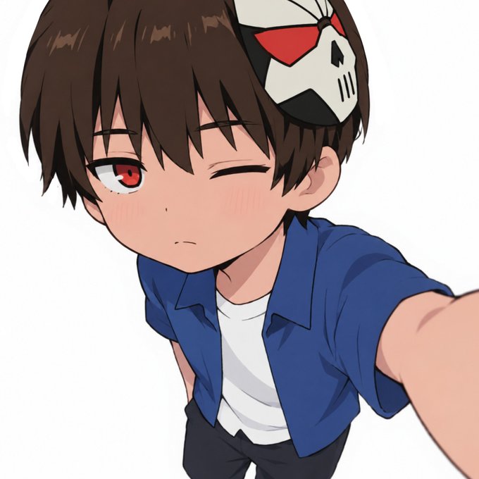 An anime-style illustration of a young boy with brown hair, a red eye, and a skull-themed hair accessory, wearing a blue shirt over a white t-shirt and giving a side glance.