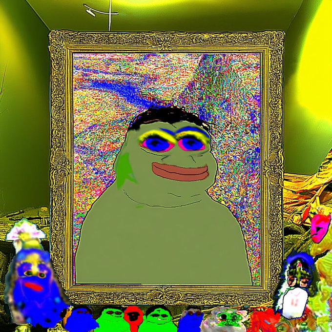 A psychedelic digital artwork displays a green Pepe the Frog character with rainbow eyes inside an ornate gold frame, surrounded by smaller colorful frog figures and distorted visuals.