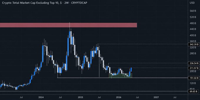A TradingView candlestick chart titled 'Crypto Total Market Cap Excluding Top 10' on the CRYPTOCAP ticker, displayed on a 2-week timeframe with key price levels marked including 480B, 360B, 342.39B, 236.54B, 211.57B, 151.02B, 120B, and 69.65B, showing price action from 2024 through projected 2027.