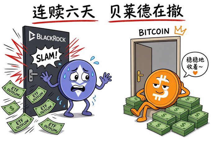 A cartoon illustration showing a panicked purple character facing a 'BLACKROCK' door slammed shut with 'ETF OUTFLOW' bills flying around, next to a relaxed Bitcoin character sitting on cash with Chinese text reading '连续六天 贝莱德在撤' (Six consecutive days, BlackRock is withdrawing) and '稳稳地收着~' (Steadily collecting).
