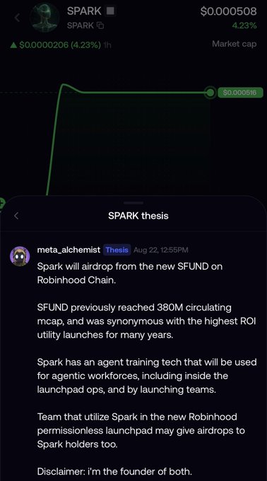 A crypto trading app displays the SPARK token at $0.000508 (up 4.23%) with a thesis post by meta_alchemist explaining that Spark will airdrop from the new $SFUND launchpad on Robinhood Chain, noting SFUND's history of high-ROI launches and Spark's agent training tech for agentic workforces. The post aligns with the "first buy on fomo" caption by providing the bullish fundamental reasoning behind the speculative purchase.