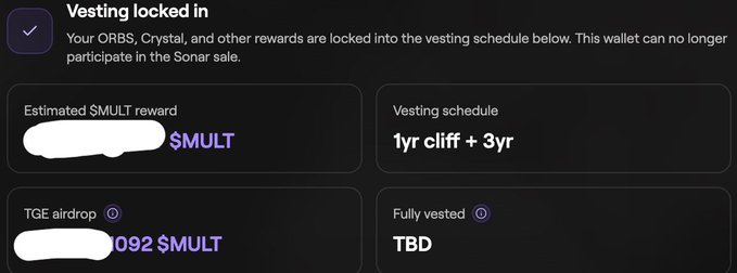 A dashboard interface showing 'Vesting locked in' for ORBS and Crystal rewards, with a '1yr cliff + 3yr' vesting schedule and TGE airdrop details in $MULT.