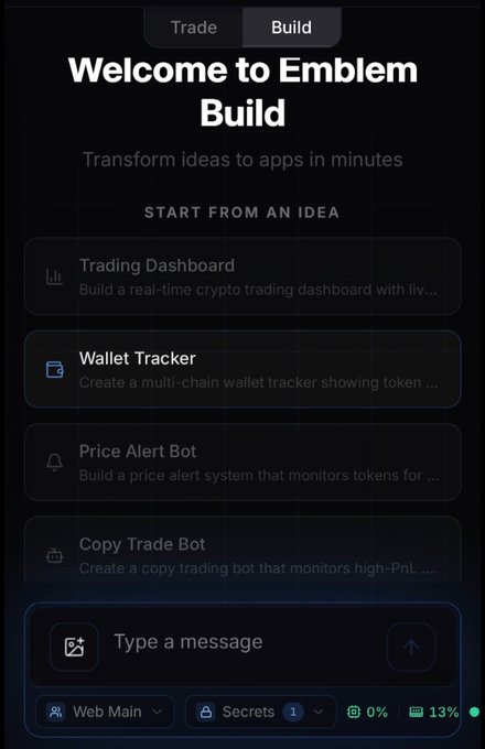 A mobile app interface titled 'Welcome to Emblem Build' with the tagline 'Transform ideas to apps in minutes,' showing options like 'Trading Dashboard,' 'Wallet Tracker,' 'Price Alert Bot,' and 'Copy Trade Bot.'