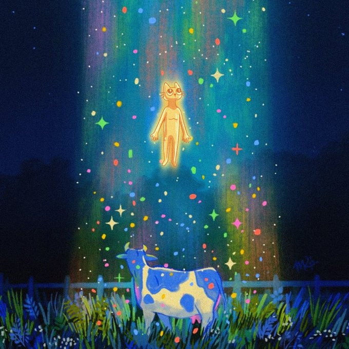 A digital illustration shows a glowing orange cat floating in a beam of colorful stardust above a blue and white cow in a grassy field at night.