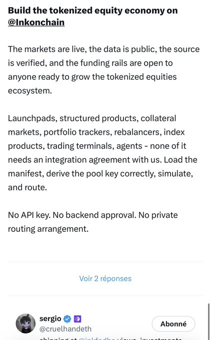 A screenshot of a tweet by sergio (@cruelhande) announcing "Build the tokenized equity economy on @inkonchain," highlighting that launchpads, structured products, collateral markets, and other tools can be built without API keys or backend approval, aligning with the post's message about open access to xStocksFi pools.