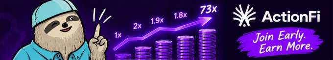 A promotional banner for ActionFi featuring a cartoon sloth in a blue hoodie pointing at a growth chart showing multipliers up to 7.3x, with the text "Join Early. Earn More."