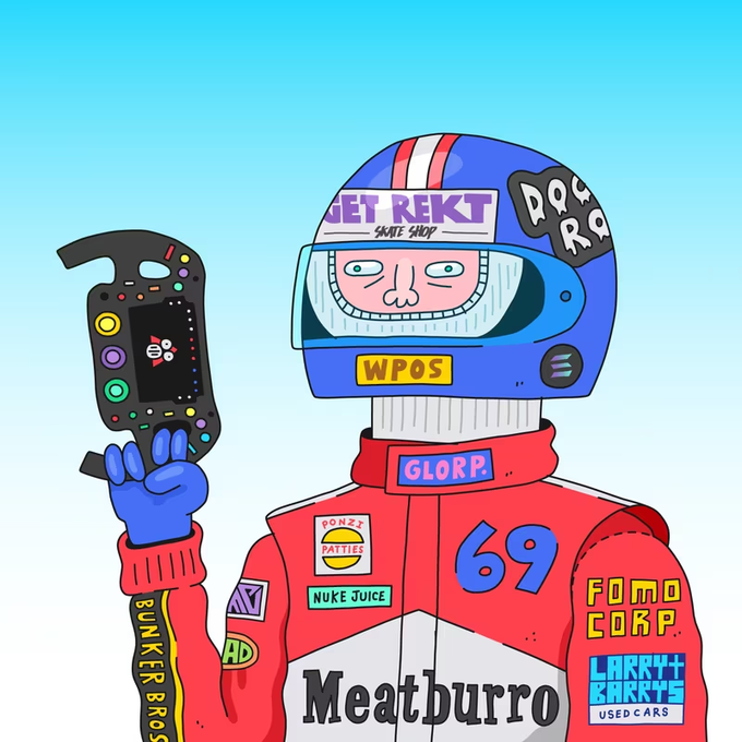 Cartoon illustration of a race car driver wearing a blue helmet with 'GET REKT SKATE SHOP' and other decals, a red racing suit with 'Meatburro' text, and holding a racing steering wheel.