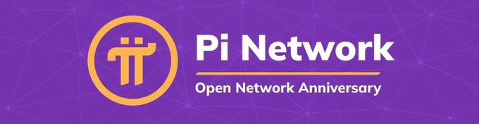Banner for the 'Pi Network' cryptocurrency with the text 'Open Network Anniversary' on a purple background.