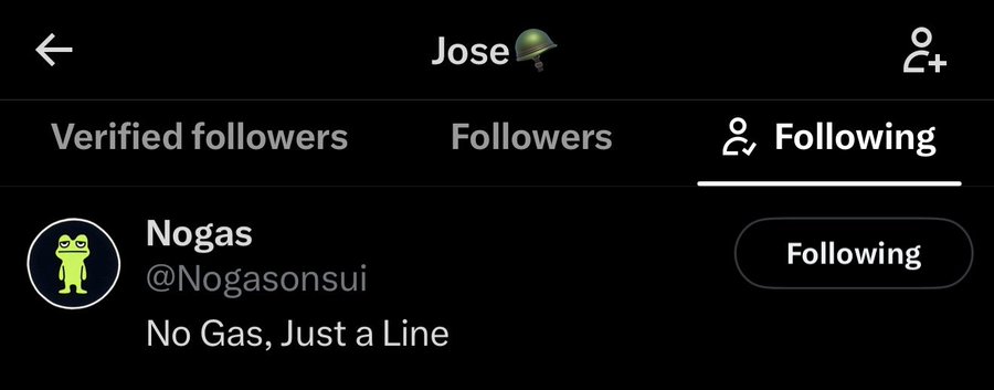 A screenshot of X profile “Jose🌱” on the Following tab shows the account “Nogas” (@Nogasonsui) with the bio “No Gas, Just a Line” and a “Following” button. It visually identifies the project account referenced in the accompanying $NOGAS token presale announcement on Blast.