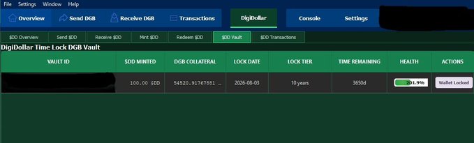 The image shows a DigiDollar Time Lock DGB Vault dashboard displaying a single locked vault entry with 100.00 $DGB minted, $4520.92 DGB collateral, a lock date of 2026-08-03, a 10-year lock tier, 3650 days remaining, and 93.9% health. The screenshot visually confirms the post's announcement of a completed 10-year $DGB lock and successfully minted DigiDollar.