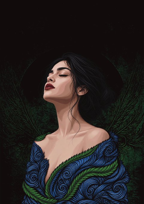 A dark, stylized digital illustration of a woman with closed eyes wearing a blue and green patterned off-shoulder garment against a black background.