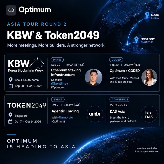 An 'Optimum' promotional graphic for 'ASIA TOUR ROUND 2' covering 'KBW' & 'TOKEN2049', listing events in Seoul, South Korea (Sept 28 – Oct 2, 2026) and Singapore (Oct 7 – Oct 9, 2026), featuring panels with @kentlinyy and Prof. Muriel Médard.