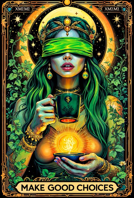 A tarot card-style illustration titled "MAKE GOOD CHOICES" depicting a blindfolded green-haired woman holding a mug with a dollar sign and a bowl with a glowing flame.