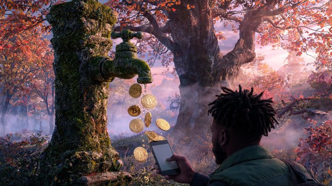 A man in an autumn forest holds up a smartphone beneath a mossy faucet dispensing gold Bitcoin coins, capturing the post's "it comes out of faucets" theme. The Bitcoin coins are clearly marked with the "₿" symbol as they fall from the tap into the misty, fall-colored woods.