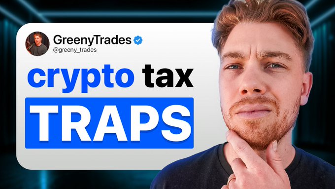 A man with a beard poses thoughtfully in a thumbnail for a YouTube video, next to bold text reading "crypto tax TRAPS" and the Twitter handle "@greeny_trades" (GreenyTrades), warning viewers about ATO crypto tax pitfalls.