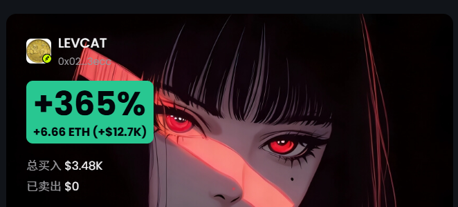 A trading card showing a dark anime-style female character with glowing red eyes, displaying portfolio gains for ticker "LEVCAT" at +365% (+6.66 ETH / +$12.7K), with total buys of $3.48K and $0 sold, reflecting the post's emphasis on holding the token rather than selling.