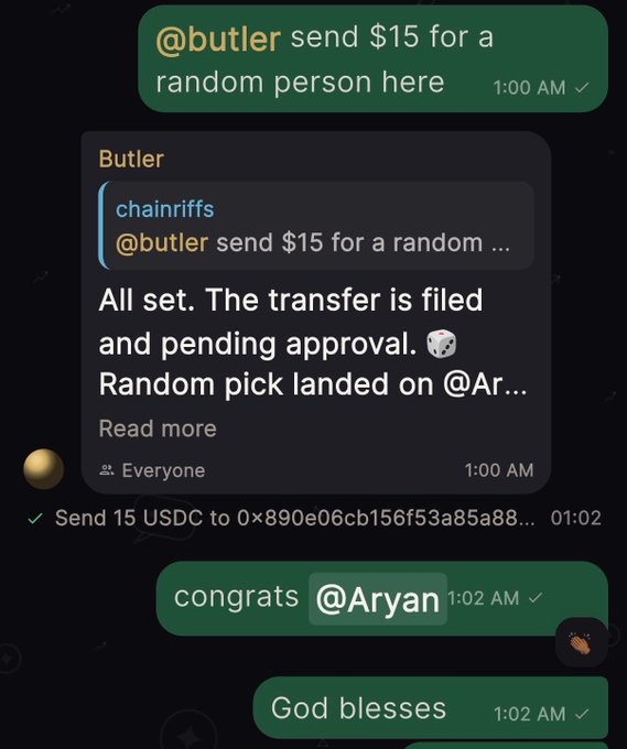 A messaging app conversation shows a command '@butler send $15 for a random person here', a response from 'Butler' confirming the transfer is filed and a 'Random pick landed on @Ar...', followed by a confirmation 'Send 15 USDC to 0x890e06cb156f53a85a88...' and messages 'congrats @Aryan' and 'God blesses'.