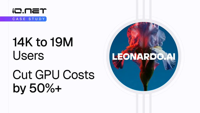 An io.net case study banner highlighting Leonardo.AI's growth from '14K to 19M Users' while cutting 'GPU Costs by 50%+'.