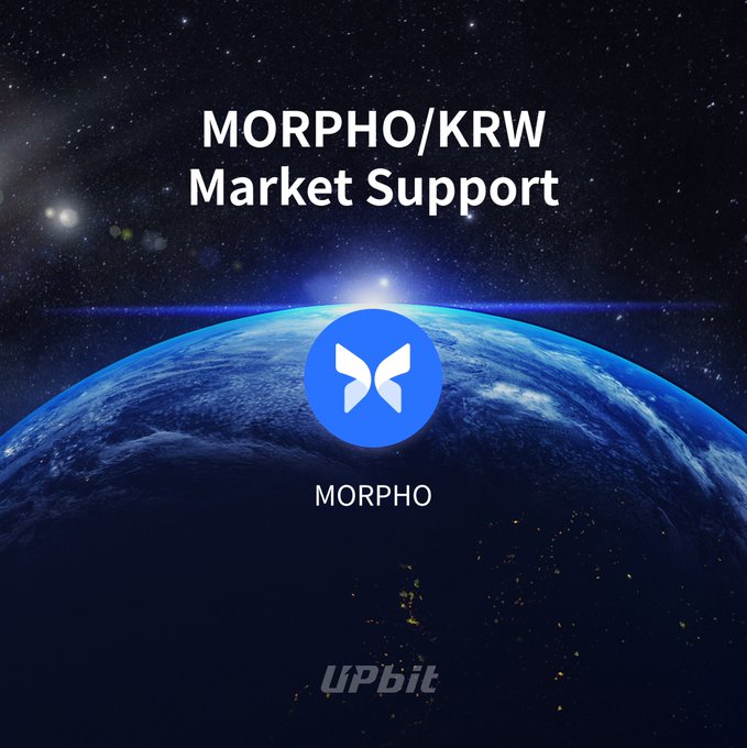 The image features a cosmic backdrop of Earth from space with a starry sky, overlaid with the text "MORPHO/KRW Market Support" and the blue Morpho butterfly logo, along with the Upbit logo at the bottom. It serves as a promotional announcement graphic for Upbit's upcoming KRW market trading support for the MORPHO token, visually reinforcing the partnership and launch details outlined in the accompanying post.