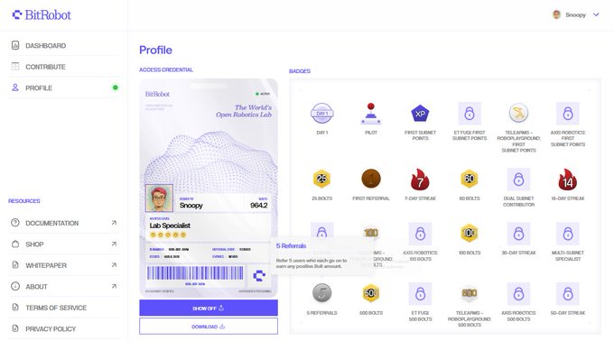 BitRobot Network profile page showing user "Snoopy" with Lab Specialist rank (9042), featuring a BitRobot ID card and collection of achievement badges including Day 1, Pilot, 25 Bolts, First Referral, 7-Day Streak, 500 Bolts, and various contribution milestones.